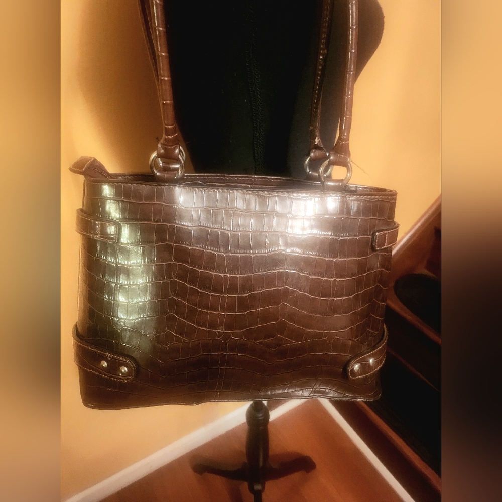 Vintage-Style Chocolate Brown Croc-Embossed Structured Shoulder Bag - Picture 4 of 6
